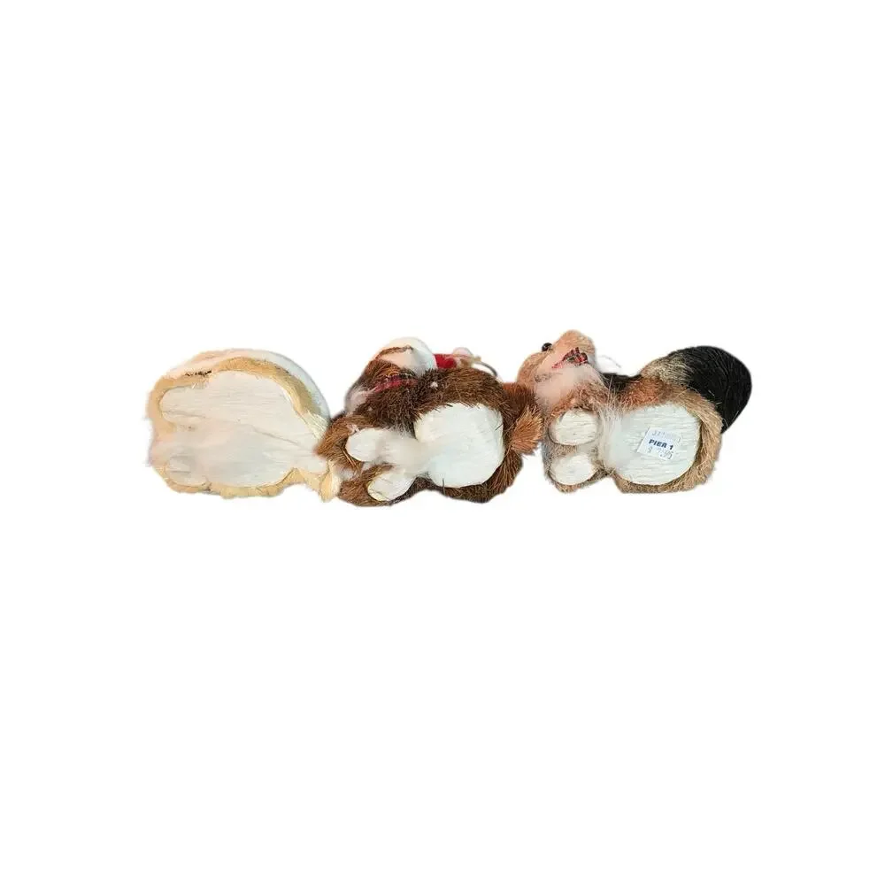 Pier 1 Imports Sisal Dog Christmas Tree Ornaments Set of 3 Santa Hat Plaid 5.5